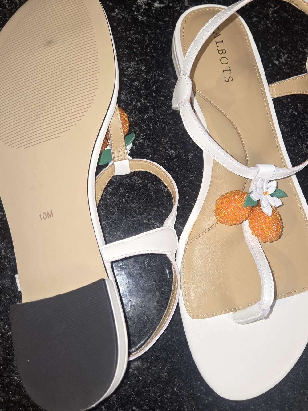 Talbots White T-Strap Sandals with Orange Bead Cherry Accent - Picture 2 of 3
